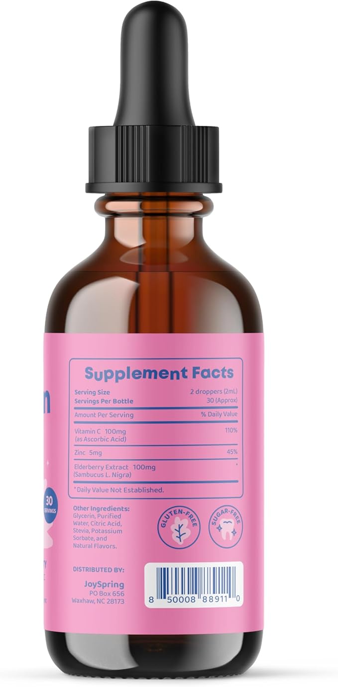 JoySpring Vitamin C + Elderberry Drops + Zinc for Kids Immune Support, Genius Drops for Focus, and Vitamin D for Kids