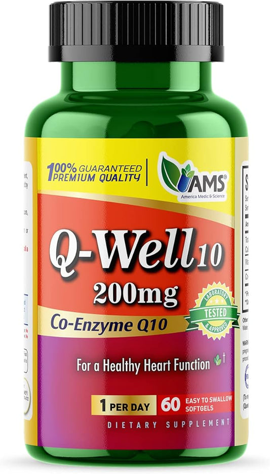 America Medic & Science Q-Well-10 (60 Count) | CoQ10 200mg Softgels | Nutritional Supplement with Coenzyme Q10 and Vitamin E | High Absorption Antioxidant for Enhanced Wellness and Heart Health