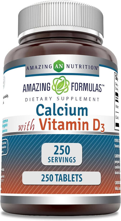 Amazing Formulas Calcium 600 Mg Plus Vitamin D3 400 IU Tablets | Non-GMO Supplement | Gluten Free | Made in USA (250, Tablets)