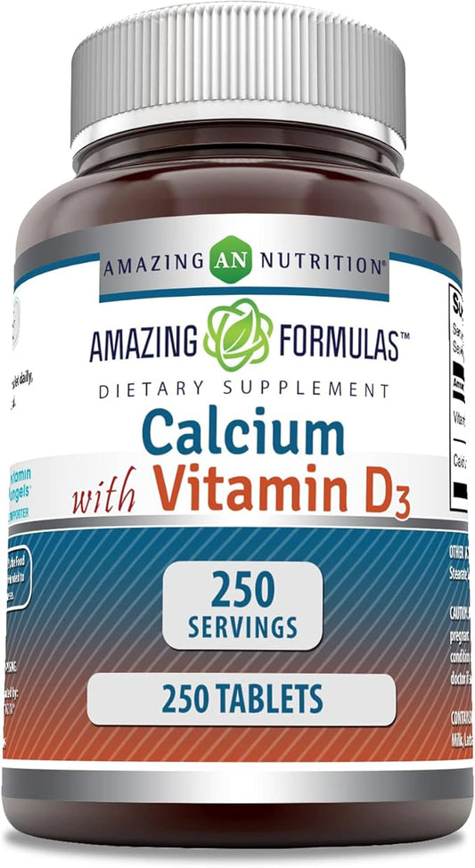 Amazing Formulas Calcium 600 Mg Plus Vitamin D3 400 IU Tablets | Non-GMO Supplement | Gluten Free | Made in USA (250, Tablets)