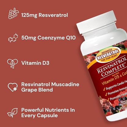 Capsules, 60 Count- Resveratrol Supplement Supports Healthy Aging, Heart Health, and Immune Function with Quercetin, Grape Seed Extract, Vitamin D3 and CoQ10