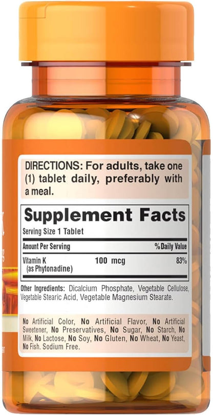 Puritan's Pride Premium Vitamin K 100mcg, Dietary Supplement for Bone, Joint, and Blood Clotting Health Support, 100 Day Supply, 100 Tablets