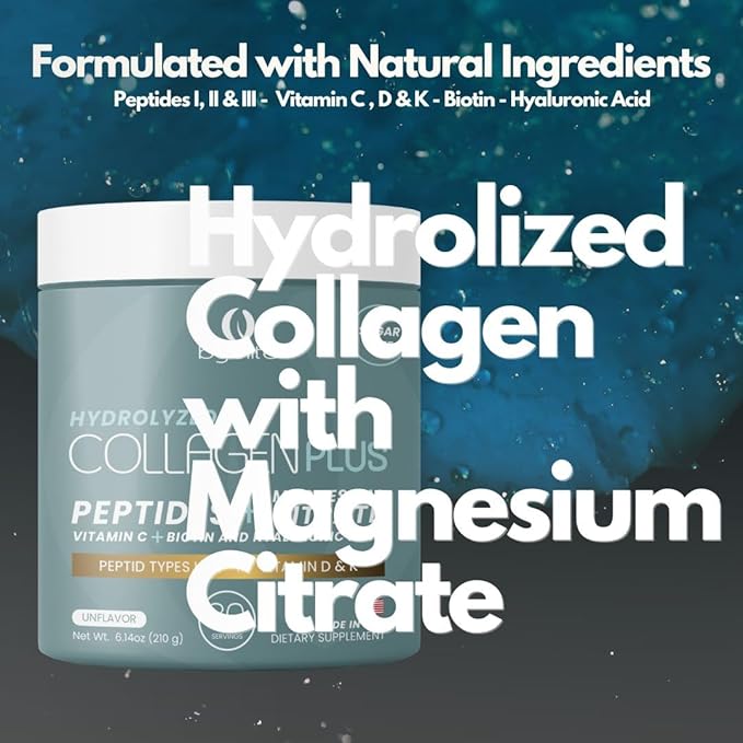 Colageno Hidrolizado para Mejorar Articulaciones + Citrato de Magnesio para tu Salud Digestiva + Peptidos I,II,III + Acido Hialuronico + Biotin + Vitamina C, D y K y Fortalece tus Uñas y Cabello