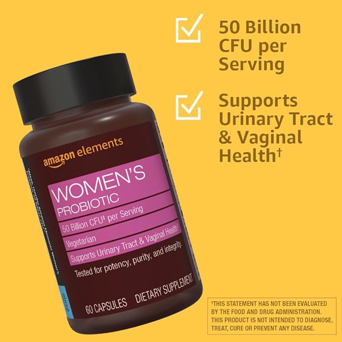 Amazon Elements Women's Probiotic 50 billion CFU per serving, vegetarian, Supports Urinary Track and Vaginal Health, 60 capsules