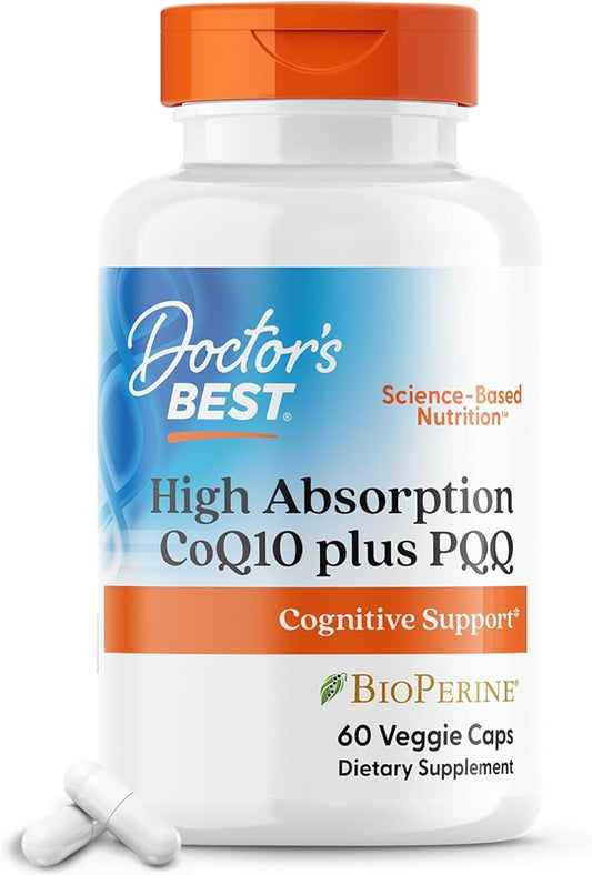 Doctor's Best High Absorption CoQ10 Plus PQQ, Cognitive Support, USP Verified, Naturally Fermented CoQ10, Non-GMO, Gluten Free, Soy Free, Vegan 60 Veggie Caps