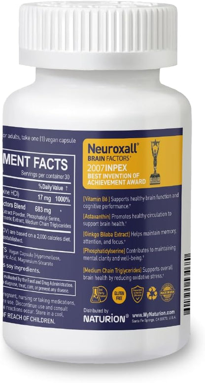 Neuroxall Gold Brain Factors for Adults - Cognitive & Mental Wellness Support with Vitamin B6, Astaxanthin, Ginkgo Biloba, Ashwagandha & Turmeric & - 30 Vegan Capsules, 30 Day Supply