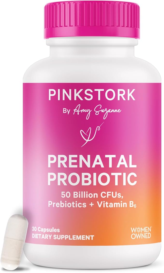 Pink Stork Prenatal Probiotics for Women - 50 Billion CFU, Vitamin B6, Prebiotics, Morning Sickness, Gut Microbiome, Pregnancy Probiotic, Immune Support, Pregnancy Must Haves - 30 Capsules