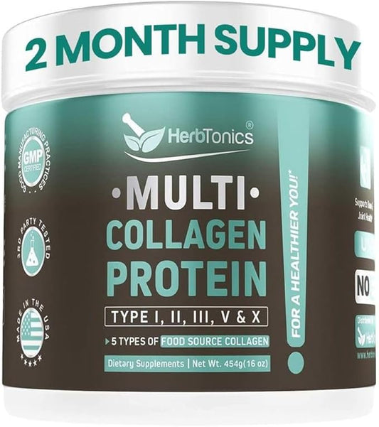 Herbtonics Multi Collagen Protein Powder Collagen Peptides Type (1,2,3,5 and 10) | All-in-one Bone Broth Collagen Supplement | Grass-Fed Chicken, Wild Fish, Egg Hydrolyzed Collagen Bovine