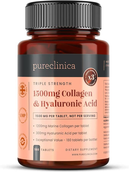 pureclinica 1500mg UltraColl Collagen (1200mg) and Hyaluronic Acid (300mg) x 180 Tablets - 6 Months Supply