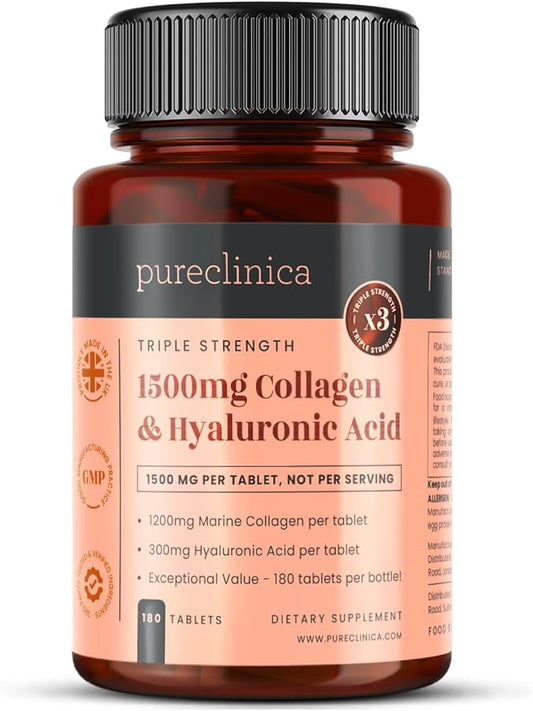 pureclinica 1500mg UltraColl Collagen (1200mg) and Hyaluronic Acid (300mg) x 180 Tablets - 6 Months Supply