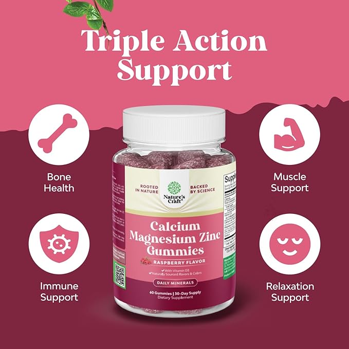 Calcium Magnesium Zinc Gummies - Magnesium Zinc Calcium Supplement Gummies with Vitamin D3 for Teeth and Bone Health - Certified Kosher Non-GMO Gelatin Free & Vegetarian Friendly (2 Month Supply)