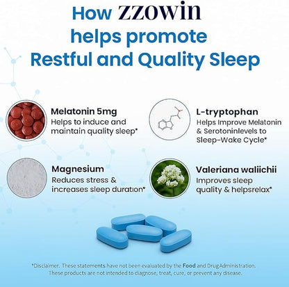 Zzowin Sleep Support Supplement – 5mg Melatonin, Valerian Root, Magnesium for Deep Sleep & Relaxation 30 Tablets | Natural Sleep Aid, Non-Habit Forming | Improve Sleep Quality | Pack of 1