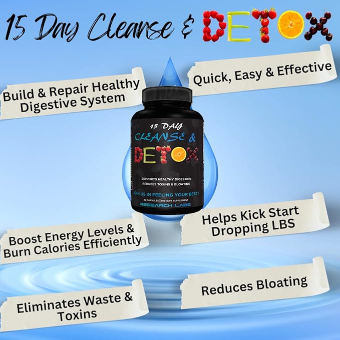 Research Labs 15 Day Colon Cleanse & Detox for Less Bloat Flat Tummy w/Probiotics - 2 Fer 1 - Constipation Relief - Flushes Toxins, Boosts Energy. Clinically Researched Safe and Effective Formula