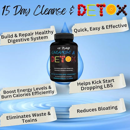 Research Labs 15 Day Colon Cleanse & Detox for Less Bloat Flat Tummy w/Probiotics - 2 Fer 1 - Constipation Relief - Flushes Toxins, Boosts Energy. Clinically Researched Safe and Effective Formula