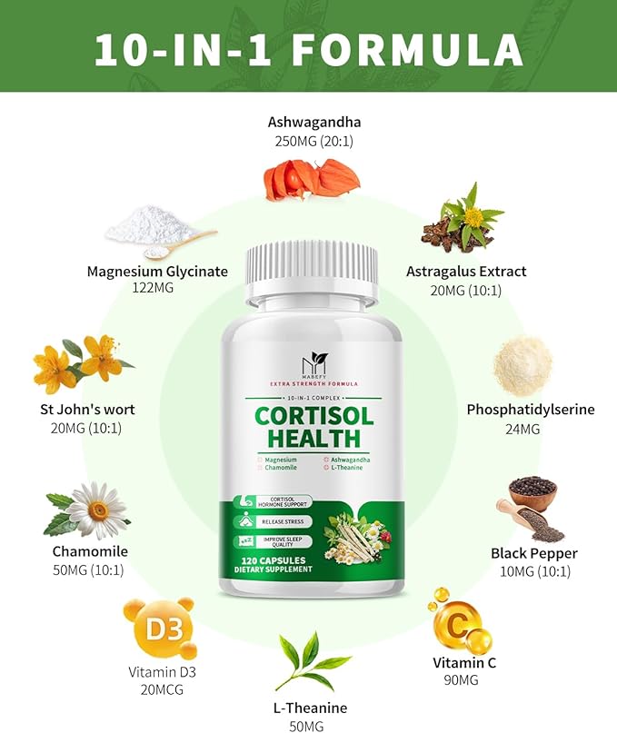 Cortisol Supplements for Women - 10 in 1 Cortisol Manager with Magnesium, Ashwagandha, L-Theanine, Cortisol Balance for Stress, Mood, Sleep, Cortisol Detox for Women - 120 Vegan Capsules