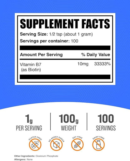 BulkSupplements.com Biotin 10000mcg Powder - Biotin Powder, Biotin Supplement, Biotin Vitamins for Hair Skin and Nails - Gluten Free, 1000mg per Serving (10mg Biotin), 100g (3.5 oz)