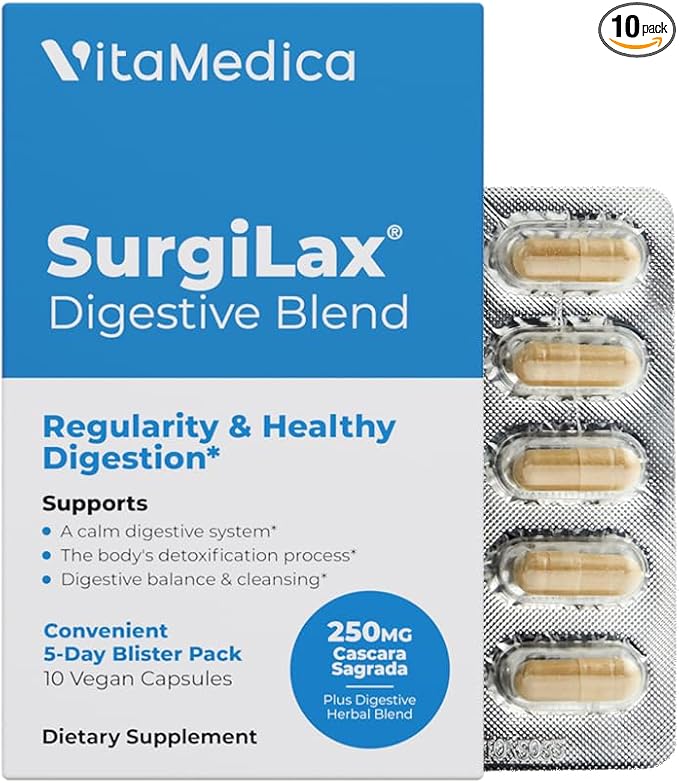 VitaMedica SurgiLax Digestive Blend - All-Natural 5 Day Colon Cleanse - Detox with Cascara Sagrada, Ginger & Milk Thistle for Constipation Relief, Gas & Bloating - 10 Vegan Capsules