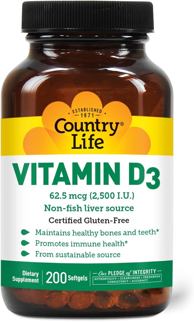 Country Life Vitamin D3 2500 IU Soft Gels, Larger, 200 sg, 200 Count
