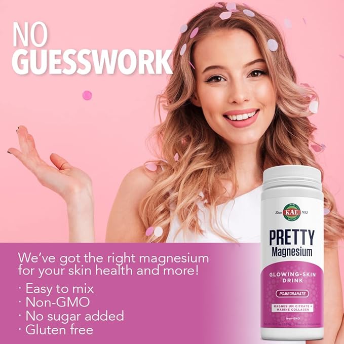 KAL Pretty Magnesium Glowing-Skin Drink | 325mg Mag Citrate + Marine Collagen | Cellular & Skin Health, 10.7oz, 70 Serv.
