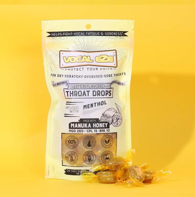 Vocal Eze Manuka Honey Cough Drops | Lozenges to Relieve Sore, Hoarse, Fatigue, Dryness of Throat | Voice Support, All Natural and Organic Ingredients (20, Lemon) UMF 10+ (MGO 265+)