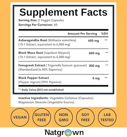 Natgrown Ashwagandha Maca Root Fenugreek Extract Capsules Supplement for Men & Women - Vegan Pills - (120 Count)