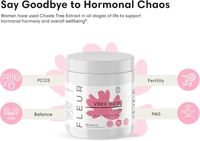 FLEUR Vitex Capsules, Vitex Chasteberry for Hormone Balance for Women, PCOS Supplement Helps Maintain Progesterone Level for Menstrual Cycle Support, Fertility & PMS Support, 500mg, 60Ct