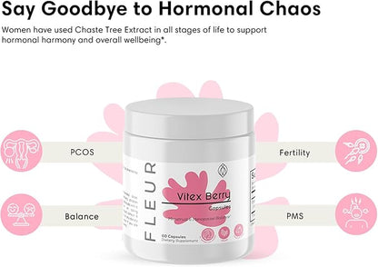 FLEUR Vitex Capsules, Vitex Chasteberry for Hormone Balance for Women, PCOS Supplement Helps Maintain Progesterone Level for Menstrual Cycle Support, Fertility & PMS Support, 500mg, 60Ct