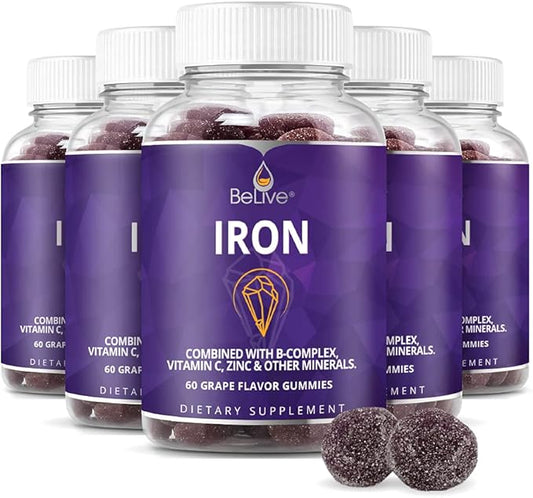 BeLive Iron Gummies - Multivitamin Iron Supplement with Vitamin C, A, B & Zinc, Supports Blood Oxygen, Vegan Supplements for Women, Men & Kids for Growth and Development - Grape Flavor | 5-Pack