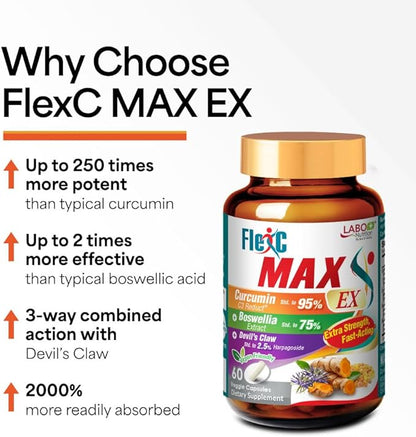 LABO Nutrition FlexC MAX EX with Turmeric Curcumin C3 Reduct 95% Tetrahydrocurcuminoids, Bioperine, Boswellia Extract & Devil’s Claw, Effective Antioxidation, Joint & Body Discomfort Relief