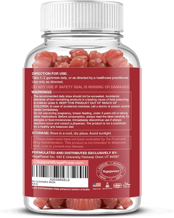 Iron Gummies Supplements for Women & Kids - Multivitamin with Iron Gummy for Blood Oxygen, Great Tasting Gummies with Vitamin C for Max Absorption, Vegan Chewable(180 Count, Strawberry)