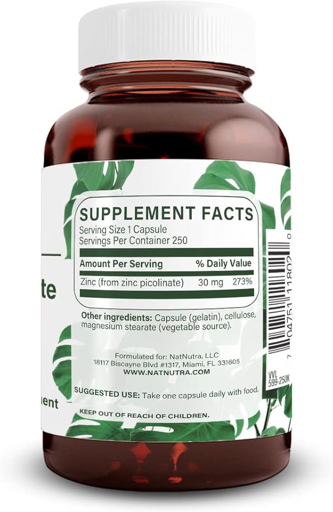 Natural Nutra Zinc Picolinate 30 mg, Double Strength, Raw and Pure, Highly Bioavailable Supplement for Growth and Immune Support, Helps Support Metabolic System, Decrease Common Cold 250 Capsule