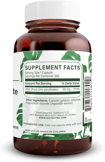 Natural Nutra Zinc Picolinate 30 mg, Double Strength, Raw and Pure, Highly Bioavailable Supplement for Growth and Immune Support, Helps Support Metabolic System, Decrease Common Cold 250 Capsule