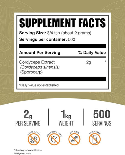 BulkSupplements.com Cordyceps Mushroom Extract Powder - Cordyceps Sinensis, Mushroom Supplement - Vegan & Gluten Free, 2g per Serving, 1kg (2.2 lbs) (Pack of 1)