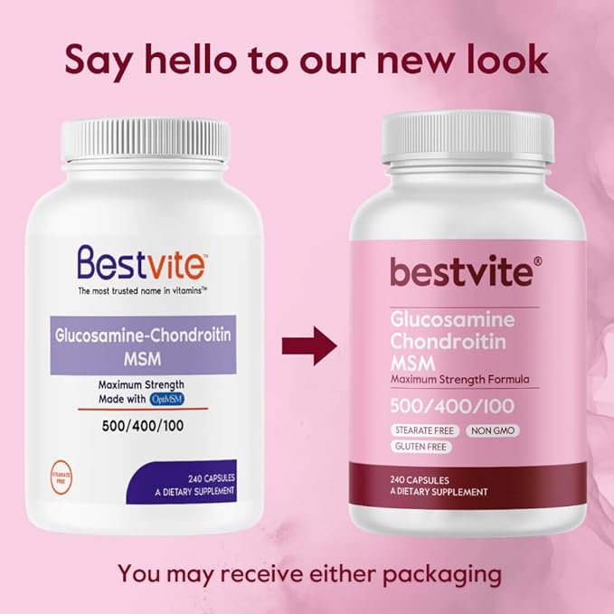 BESTVITE Glucosamine Chondroitin MSM 500/400/100 per Capsule (240 Capsules) with Patented OptiMSM - Maximum Strength Formula for Joint Support - No Stearates - Gluten Free - Non GMO