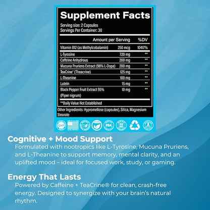 Space Dust Brain Supplement for Memory, Focus & Energy – Nootropic for Brain Fog, Cognitive Support & Eye Health – Brain Health & Reaction Time Booster for Gamers, Men & Women