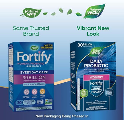 Nature's Way Fortify Daily Probiotic for Women, 30 Billion Live Cultures, 10 Strains, Prebiotics, Supports Digestive & Immune Health*, No Refrigeration Required, 30 Capsules (Packaging May Vary)