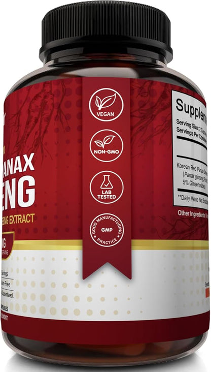 NutriFlair Korean Red Panax Ginseng 1600mg – 120 Vegan Capsules | 5% Ginsenosides | Non-GMO, Gluten-Free | Natural Energy & Focus Support | Made in USA