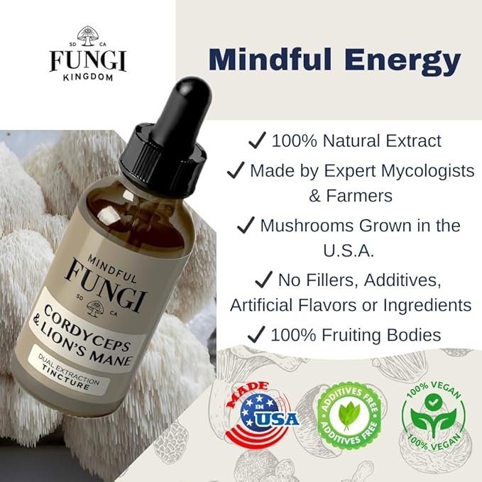 Mindful Fungi Lion's Mane Cordyceps Mushroom Supplement, Vegan Lion's Mane Liquid Extract, Brain Support Supplement, Natural Energy and Stamina Support (1 Fl Oz)