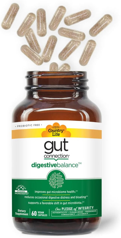 Country Life Gut Connection Digestive Balance – Prebiotic & Digestive Enzyme Supplement for Gut Health, Bloating Relief, and Improved Bowel Movements – Gluten-Free, Vegan, Non-GMO, 60 Capsules