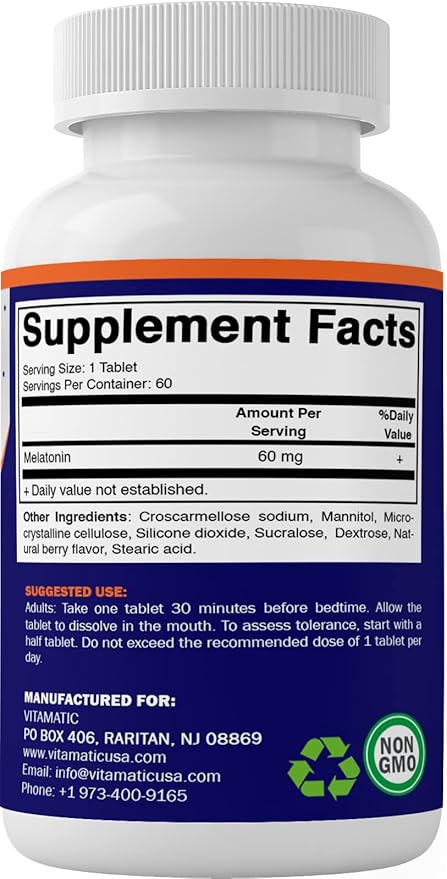 Vitamatic Melatonin 60 mg Fast Dissolve Tablets - 60 Vegan Natural Berry Flavor Tablets - Non-Habit Forming - Non-GMO, Gluten Free (1 Bottle)