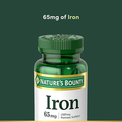 Nature's Bounty Iron 65mg, 325 mg Ferrous Sulfate, Cellular Energy Support, Promotes Normal Red Blood Cell Production, 100 Tablets
