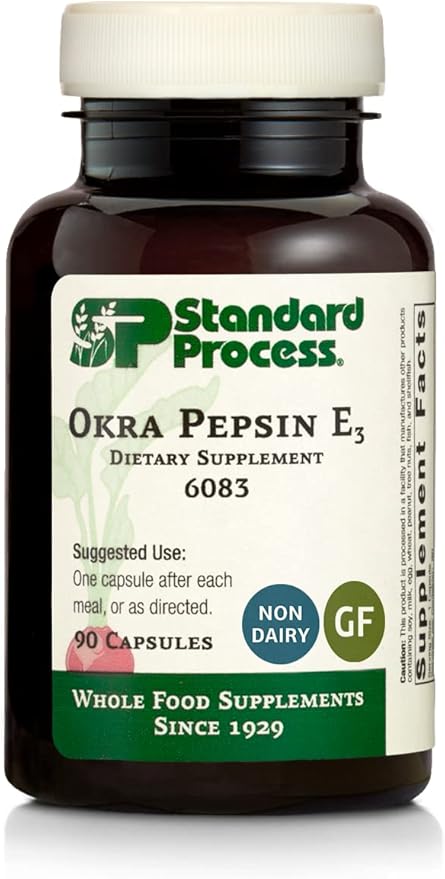 Standard Process Inc. Okra Pepsin E3 - Whole Food Digestive Health, Cholesterol, Bowel and Bowel Cleanse with Pepsin, Alfalfa, Spanish Moss, Buckwheat and Okra, Gluten Free - 90 Capsules