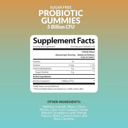 NutriZing Sugar Free Probiotic Gummies for Women & Men - Fruit Flavored Chewable Probiotic Gummy - Probiotics for Digestive Health - Immune Support & Gut Health Supplement - 100 Count, 5 Bn CFU