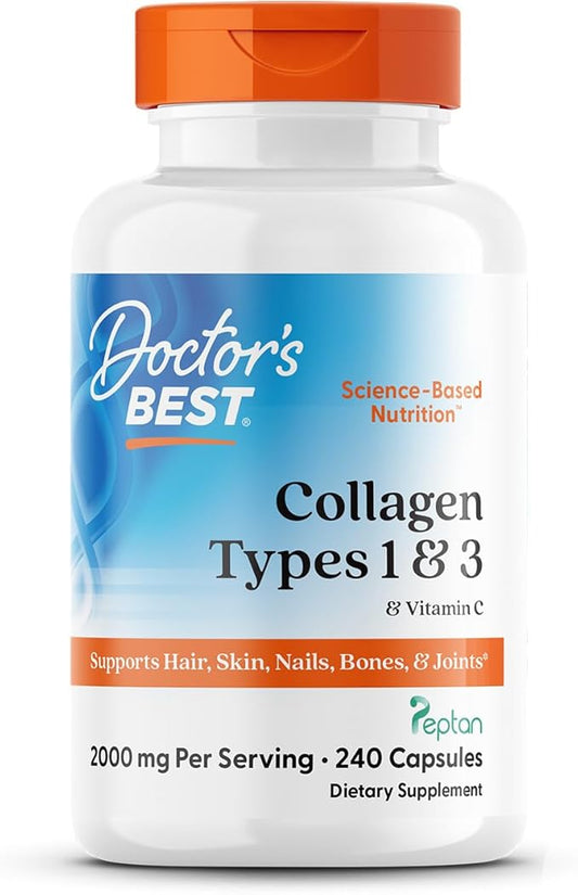 Doctor's Best Collagen Types 1 & 3 with Vitamin C, Non-GMO, Gluten Free, Soy Free, Supports Hair, Skin, Nails, Tendons & Bones, 500 mg, 240 Caps (DRB-00263)
