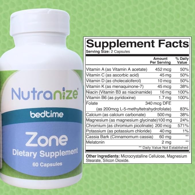 Zone Calcium Supplement, Magnesium Glycinate, Vitamin D3, K2 MK7, Methylfolate, Berberine, Chromium Picolinate, Cinnamon, Melatonin (60 Count of Both Bottles)