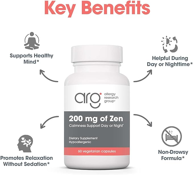 Allergy Research Group 200 mg of Zen Supplement - Calmness Support, Day or Night, GABA, L-Theanine, Hypoallergenic, Vegetarian Capsules - 60 Count