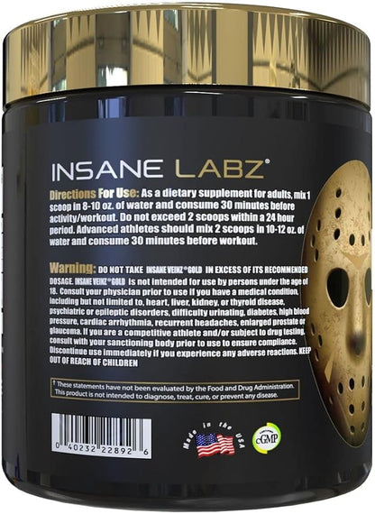 Insane Labz Insane Veinz Gold, Nitric Oxide Non Stimulant pre Workout Powder, Loaded with Hydromax, Nitrosigine, Increases Vascularity and Blood Flow, 30 Srvgs, Grape