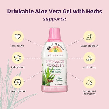 Lily Of The Desert Stomach Formula, Organic Aloe Vera Juice with Slippery Elm, Chamomile, Peppermint, and Ginger for Gut Health, Acid Reflux, Heartburn Relief, 32 Oz (Pack of 2)