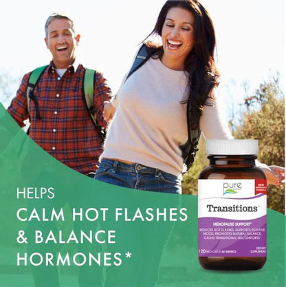 Pure Essence Labs Transitions Vitamins for Women, Natural Menopause Relief Supplement to Promote Hormone Balance, Reduce Hot Flashes, Mood Swings & Night Sweats, 120 Capsules