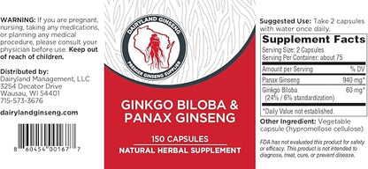Dairyland Management Panax Ginseng + Gingko Biloba Capsules 150ct 1000 mg of Panax Ginseng, 60 mg of Gingko Biloba per Serving